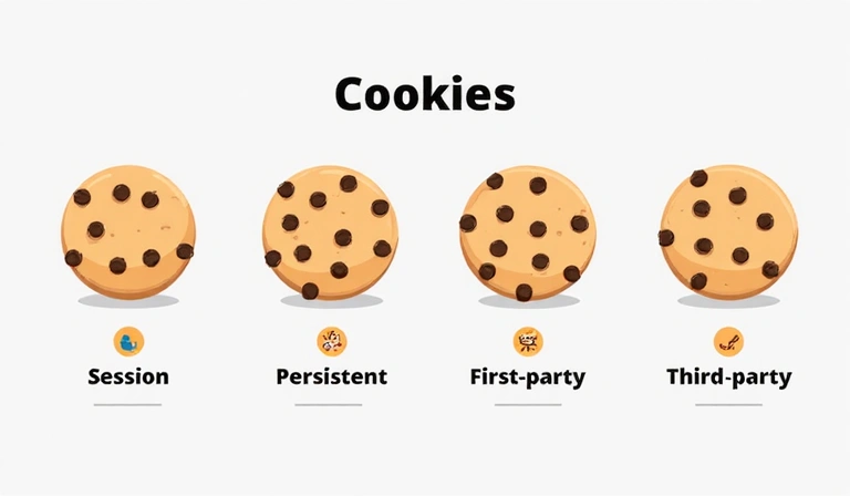 Różne rodzaje plików cookie symbolizowane jako cyfrowe ciasteczka