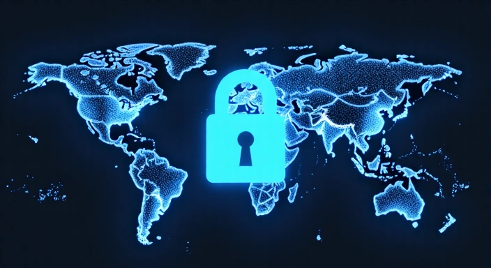 Cyfrowa ilustracja przedstawiająca bezpieczne połączenie internetowe, z ikoną kłódki na tle globalnej sieci.